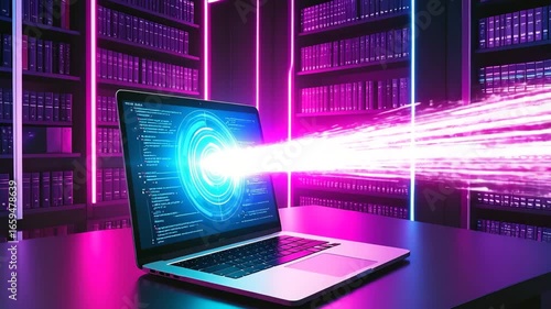 futuristic video of a digital device with neon cyberpunk background and holographic glow laptop emitting data in library