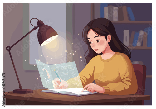 Girl Studies with Futuristic Hologram Notebook at Desk