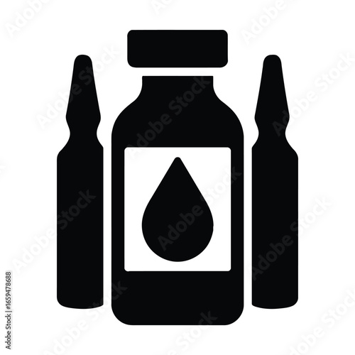 Black Medical Vials And Dropper Bottle With Droplet On White Background healthcare