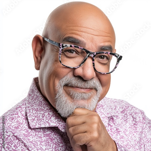 Smiling Mature Man in Glasses with Mustache: Thoughtful and Happy Portrait in Vibrant Attire Showing Confidence and Community Engagement