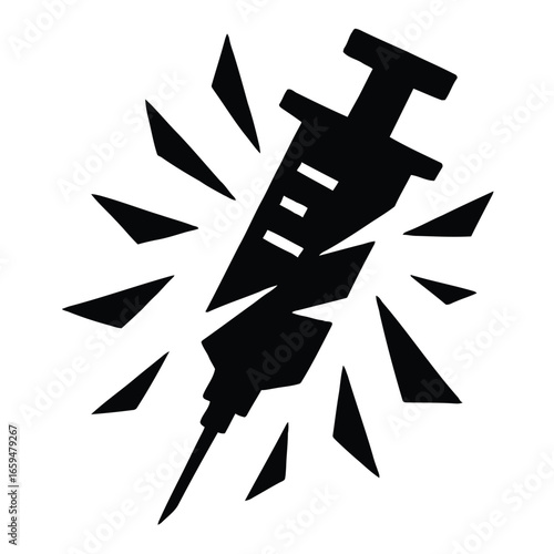 Black silhouette of a syringe with radiating sharp lines injection medical