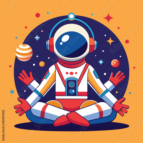 A vibrant and playful illustration of an astronaut seated in a meditative pose in outer space.