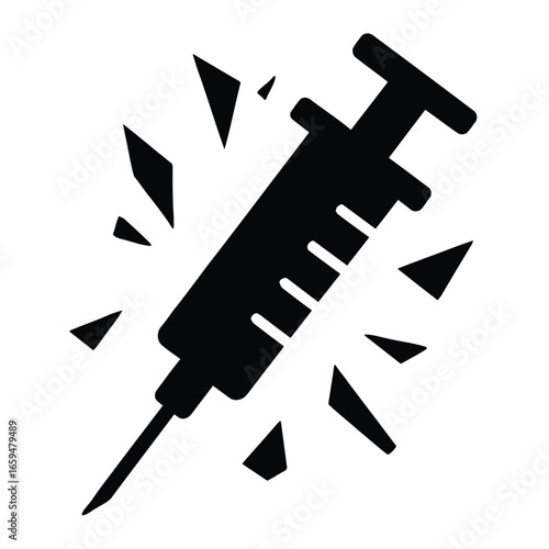 Black Syringe Icon With Burst Effect On White Background injection medical
