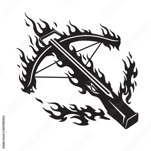 Black and white illustration of a flaming crossbow weapon on a clean white background