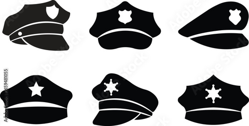 Police hat icons set in flat styles. Collection and group of law enforcement caps, officer headgear, security patrol hats, policeman uniform accessories for authority and safety design.
