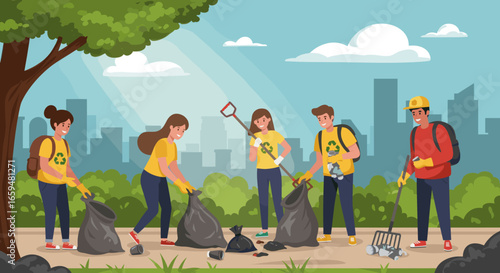 Volunteers Collect Garbage in City Park for Recycling