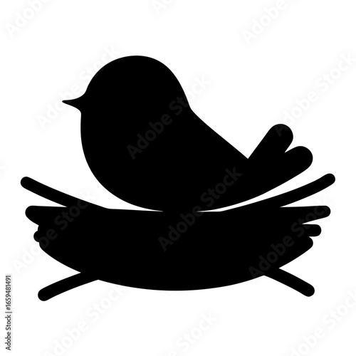 A simple silhouette of a bird resting comfortably in its cozy nest