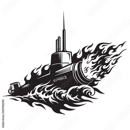 Black and white illustration of a submarine emerging from fiery flames in the ocean