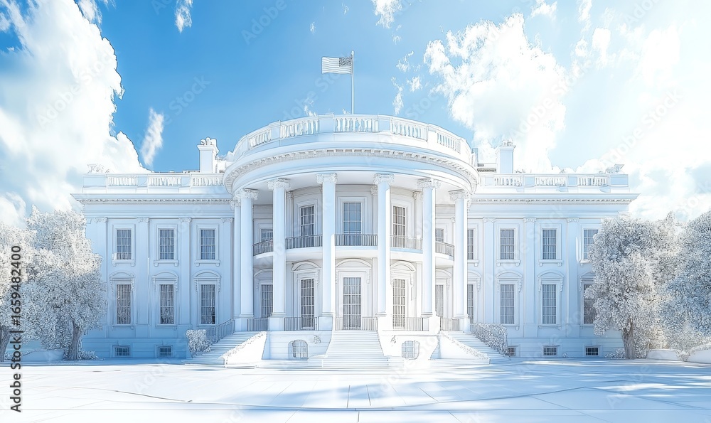 Fototapeta premium Artistic collage interpretation of the White House, symbolizing the U.S. government, its history, and political power, through creative and conceptual design, Generative AI