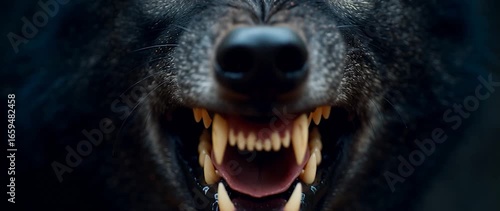 Anamorphic video powerful and intense close-up of a black wolf snarling, revealing its sharp fangs.