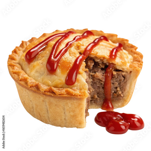 Delicious meat pie topped with ketchup sauce isolated on transparent background