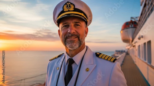 Ship Captain with Cruise Liner, Portrait of a Captain on a Ship at Sunset with Hat and White Uniform