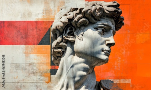 Art collage featuring a sculpture of David, blending classical and modern aesthetics to create a fresh perspective on iconic art, emphasizing creativity and cultural intersections, Generative AI