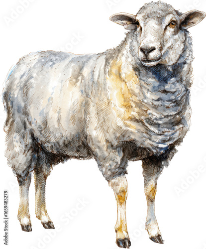 Detailed realistic watercolor sheep standing proudly against a simple background Watercolor PNG