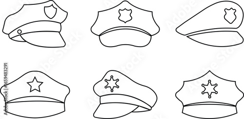 Police hat icons set in line styles. Collection and group of law enforcement caps, officer headgear, security patrol hats, policeman uniform accessories for authority and safety design.