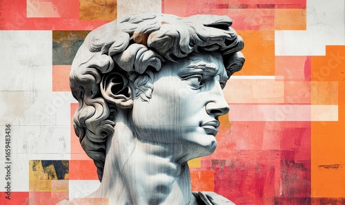 Art collage featuring a sculpture of David, blending classical and modern aesthetics to create a fresh perspective on iconic art, emphasizing creativity and cultural intersections, Generative AI