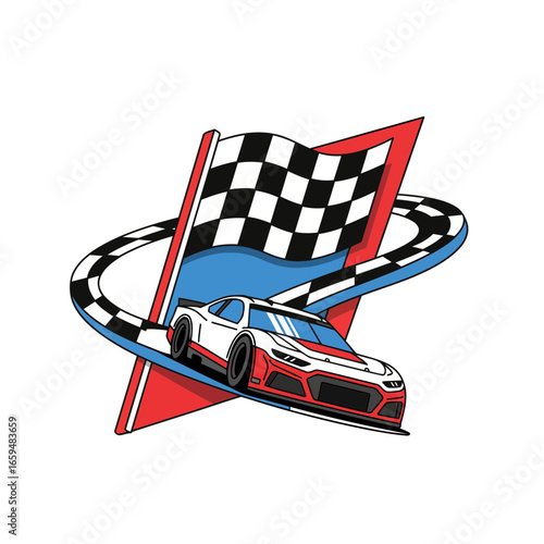 A striking flat vector illustration of a NASCAR logo. The modern minimalist design, with its sleek race car, dynamic circuit, and checkered flag, perfectly captures the speed of racing.