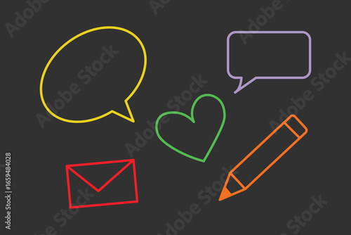 Set of arrow lines, speech bubbles, pencil highlighter and textured brush icons with cartoon heart shape, chalkboard frame sketch, vector illustration.