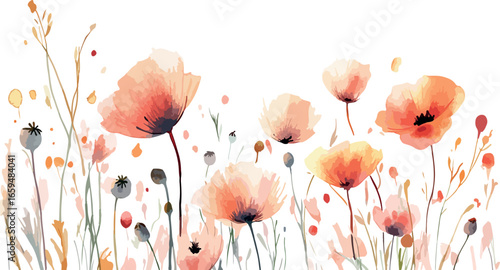 Delicate watercolor poppies bloom in a softly focused field of wildflowers