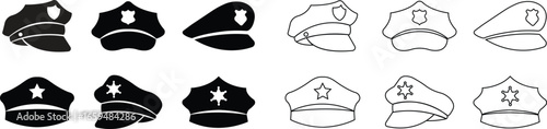 Police hat icons set in flat and line styles. Collection and group of law enforcement caps, officer headgear, security patrol hats, policeman uniform accessories for authority and safety design.