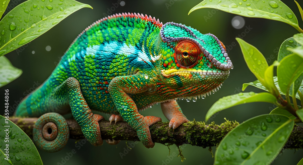 Obraz premium Close-Up of Vibrant Green Chameleon on Leaf in Natural Habitat with Detailed Scales and Colorful Texture