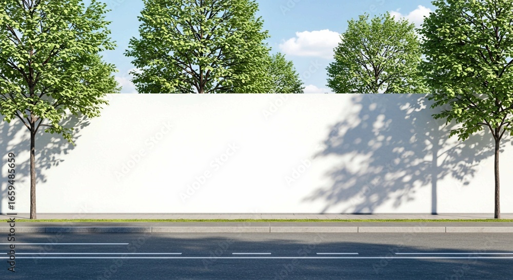 Naklejka premium blank billboard on the road, Empty white hoarding stands on city street. Green trees border structure. Sunny day on urban roadside. Blank billboard with mock-up area. Ideal for advertising. Modern urb