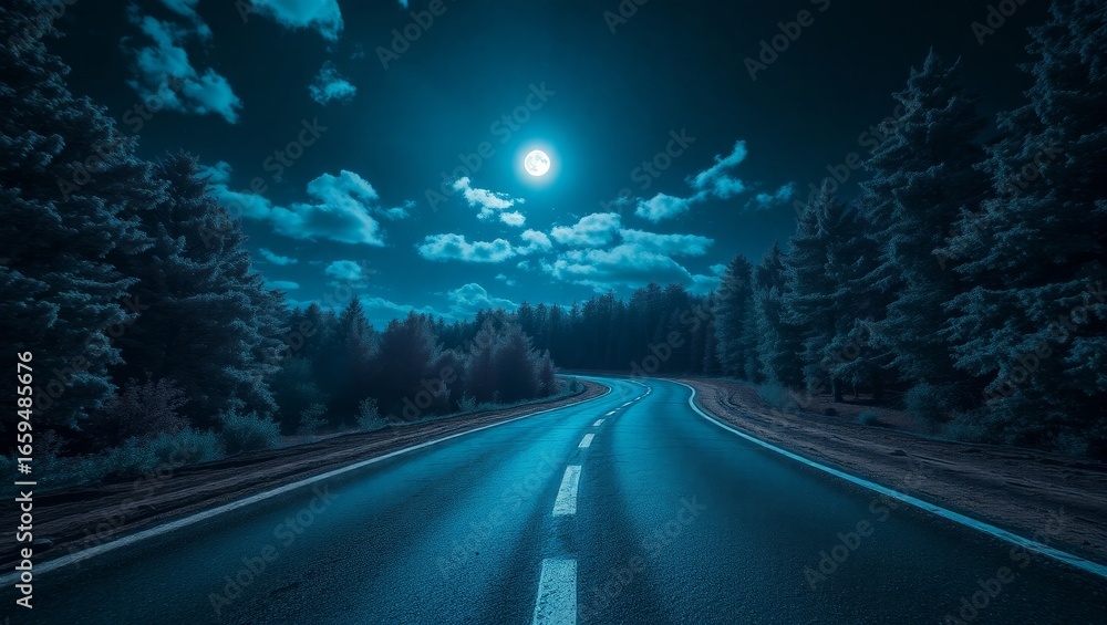 Fototapeta premium night scene, winding two-lane asphalt road, dense green forest, visible mud and dust, bright moonlight, glowing full moon, scattered clouds, bluish light, infrared spectrum, otherworldly appearance