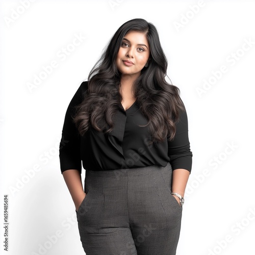 Professional Woman in Business Attire: Confident Plus Size Fashion Model with Long Hair and Stylish Clothing in Studio Portrait for Modern Office Style