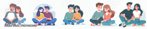 Flat Style Adorable Young Couple Sitting Together Romance and Love Illustration