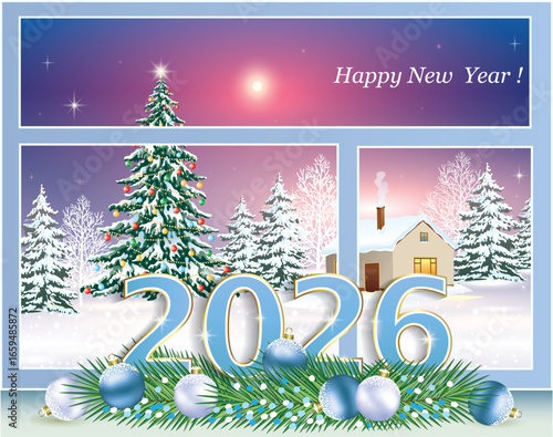 Happy New Year 2026. Christmas tree on the background of night snowy winter landscape outside the window. Vector design card of date 2026 on window with fir branches, balls and confetti.
