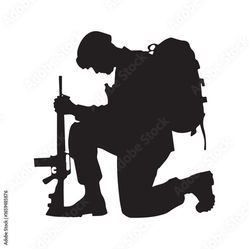 Kneeling soldier silhouette paying respect. Black vector graphic of a military serviceman in prayer or mourning a fallen comrade, holding a rifle. Symbol of honor, sacrifice, and memorial.

