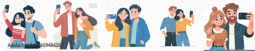 Cartoonish Diverse Couples Posing for a Selfie with Mobile Device Illustration