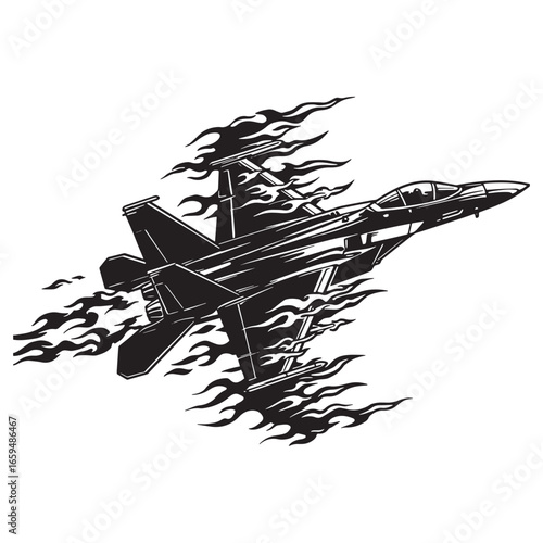 Dynamic silhouette illustration of a jet fighter with flames and an energetic design