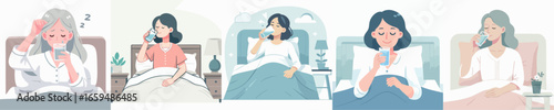 Modern Flat Woman Drinking Water Before Sleep in the Bedroom Illustration