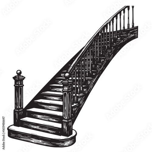 Elegant hand drawn black and white staircase with detailed carved banister and steps
