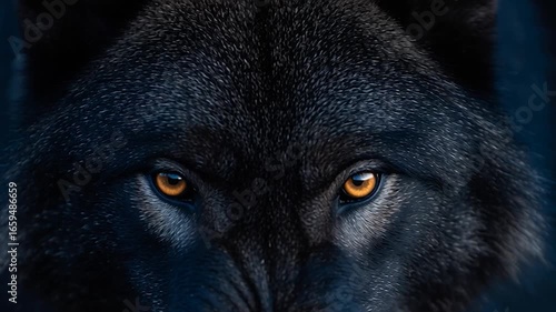 Powerful and intense close-up of a black wolf snarling, revealing its sharp fangs. 