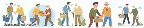 Modern Flat Illustration of Young Man Helping Senior Man Shopping Set