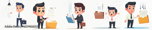 Cute Cartoon Style Businessman Character with Documents and Folder Illustration