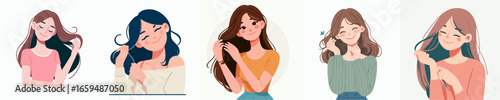 Charming Cartoon Style Woman Touching Hair Flat Illustration Icon Set