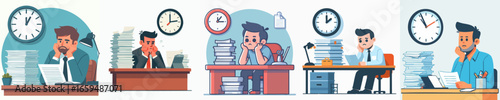 Cartoon Overworked Man Working Hard at Desk with Clock Deadline Illustration