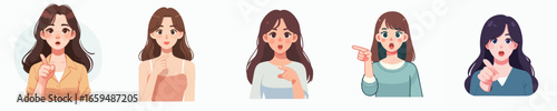 Cartoon Style Diverse Woman Pointing Finger Expression Collection Illustration Asset