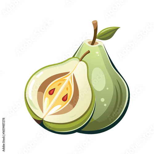 Two green pears, one halved, on a white background