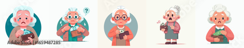 Cartoon Style Various Senior Woman Faces and Emotions Financial Difficulties Illustration