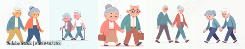 Adorable Handdrawn Couple Illustration Walking Together Enjoying Retirement Life Graphic Design
