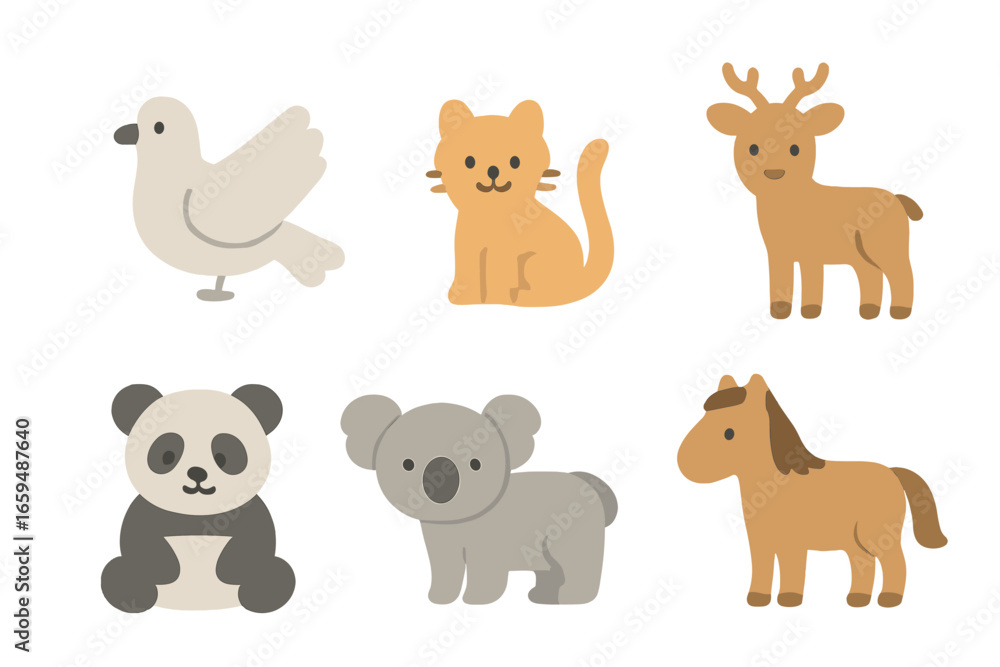 Fototapeta premium Animal Icons Grid. Flat vector mini-illustrations neutral animals in colors children's illustrations: dove, cat, rabbit, deer,