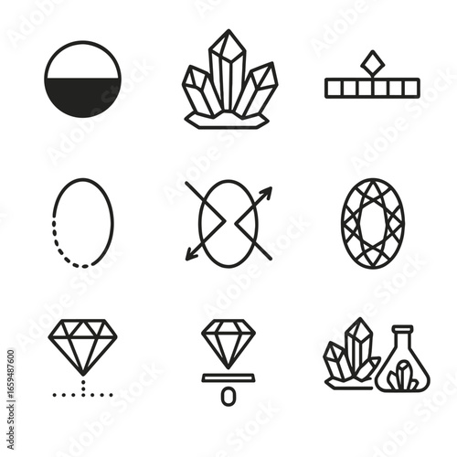 Amethyst Properties Icons. Outline icon set of amethyst properties: purple color, crystal structure, hardness scale, transparency,