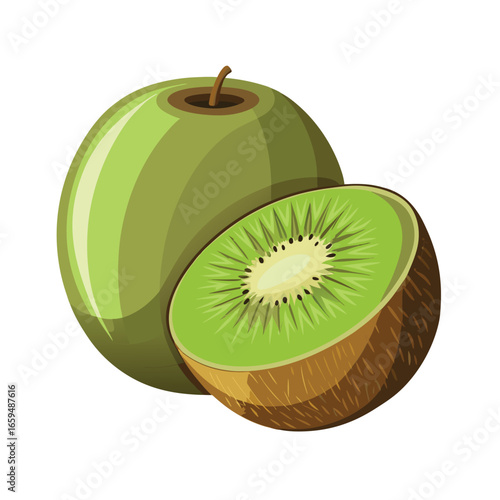Whole and Halved Kiwi Fruit on White Background kiwifruit