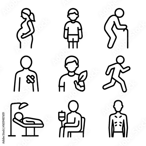 Anemia Risk Groups Icons. Outline icon set of anemia risk groups: pregnant woman, child, elderly, chronic illness patient,