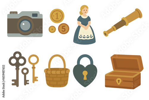 Antique Collectible Icons. Flat vector mini-illustrations antique collectibles in colors children's illustrations: vintage camera,