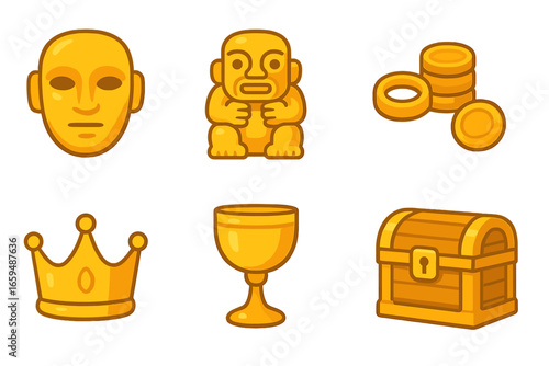 Ancient Gold Icons. Flat vector mini-illustrations ancient gold treasures in colors children's illustrations: golden mask, golden